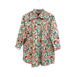 Lands' End No Iron Three Quarter Sleeve Tunic Supima Cotton floral collar 18p